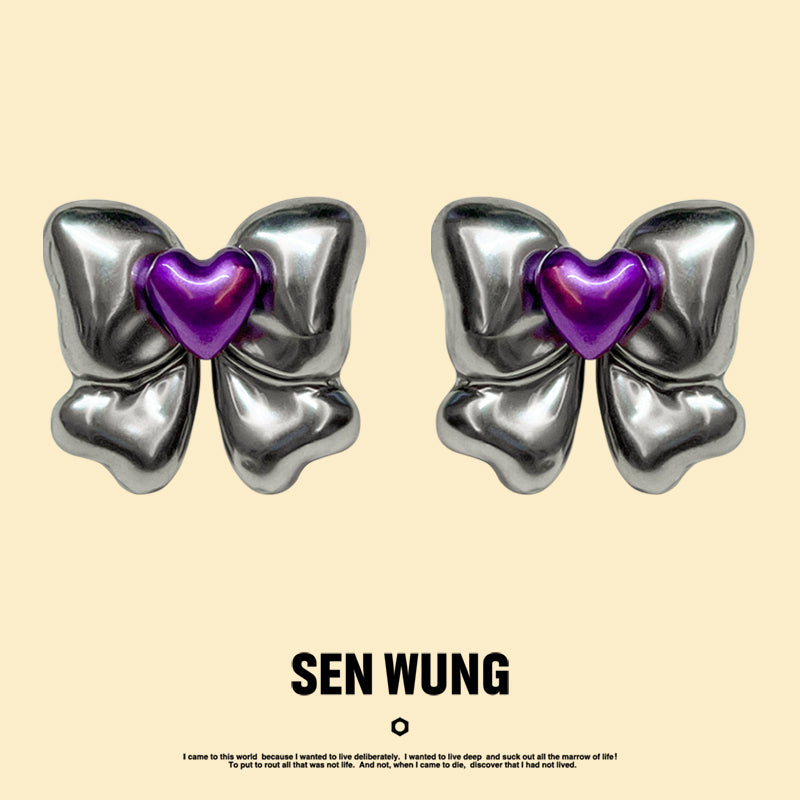 Silver Purple Heart Bow Earrings