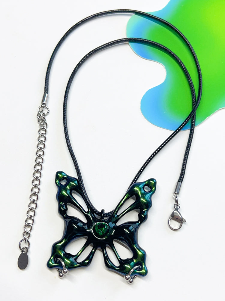 Iridescent Black-Green Butterfly Necklace