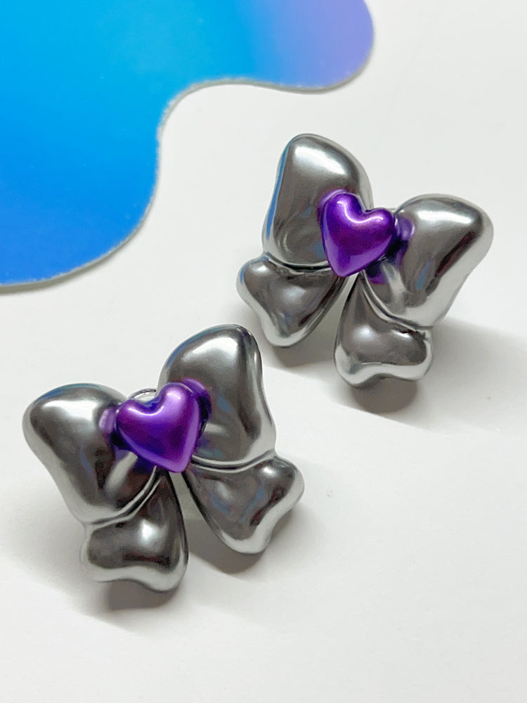 Silver Purple Heart Bow Earrings