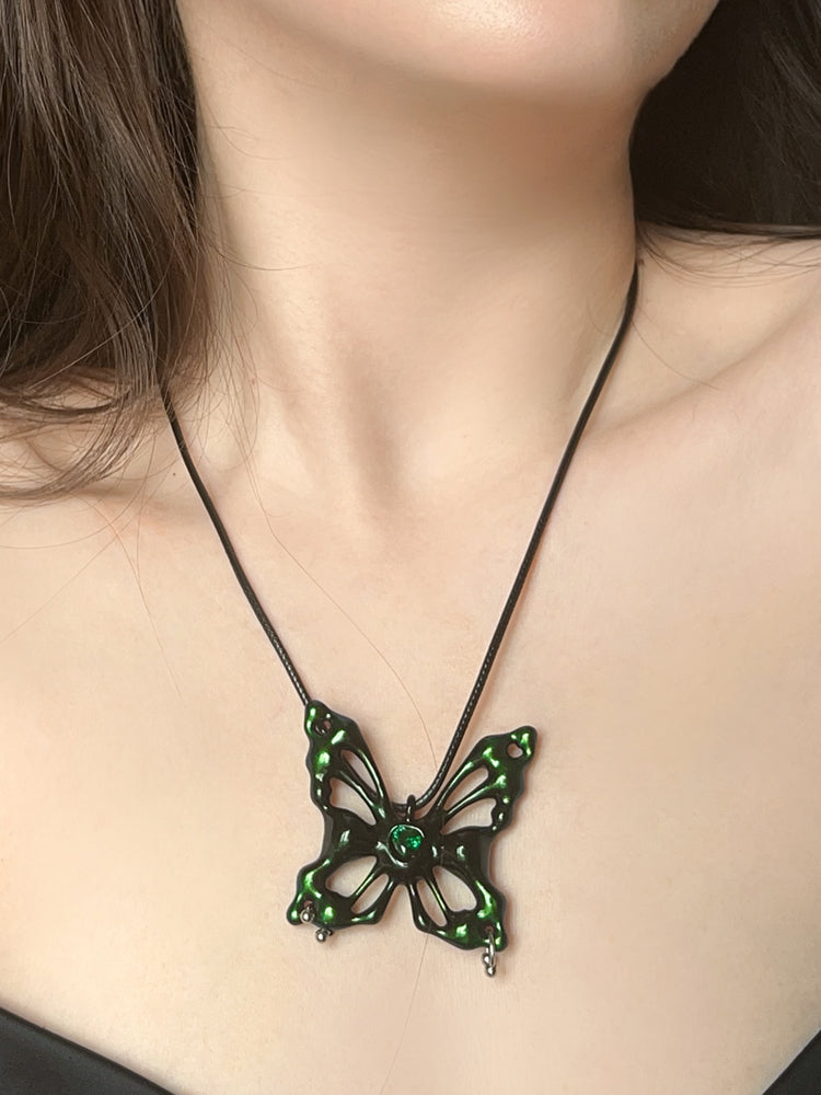 Iridescent Black-Green Butterfly Necklace