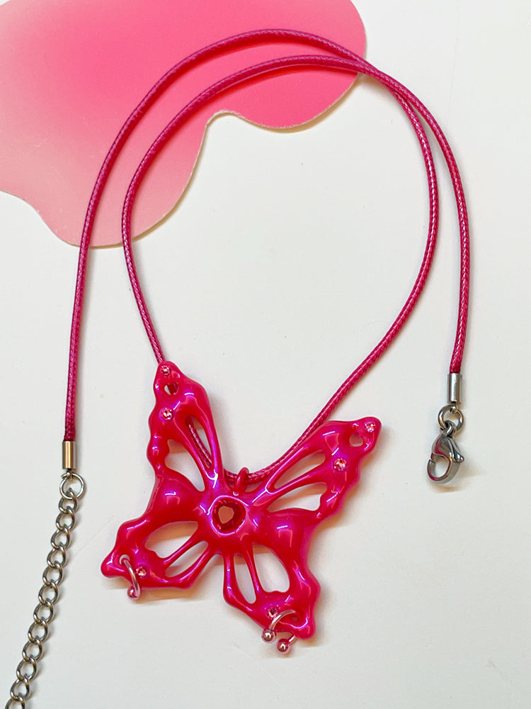 Neon Peach Hollow Butterfly Necklace