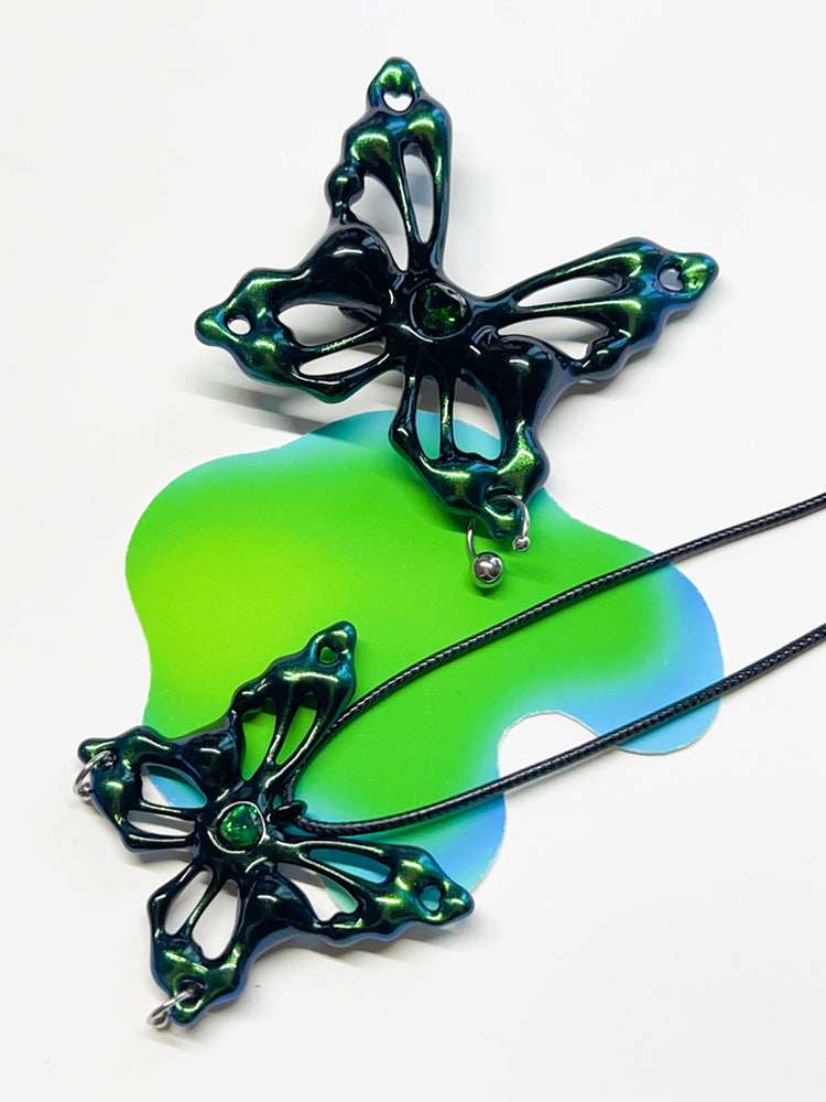 Iridescent Black-Green Butterfly Necklace