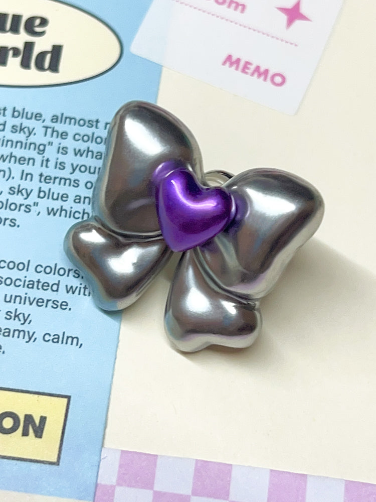 Silver Purple Heart Bow Earrings
