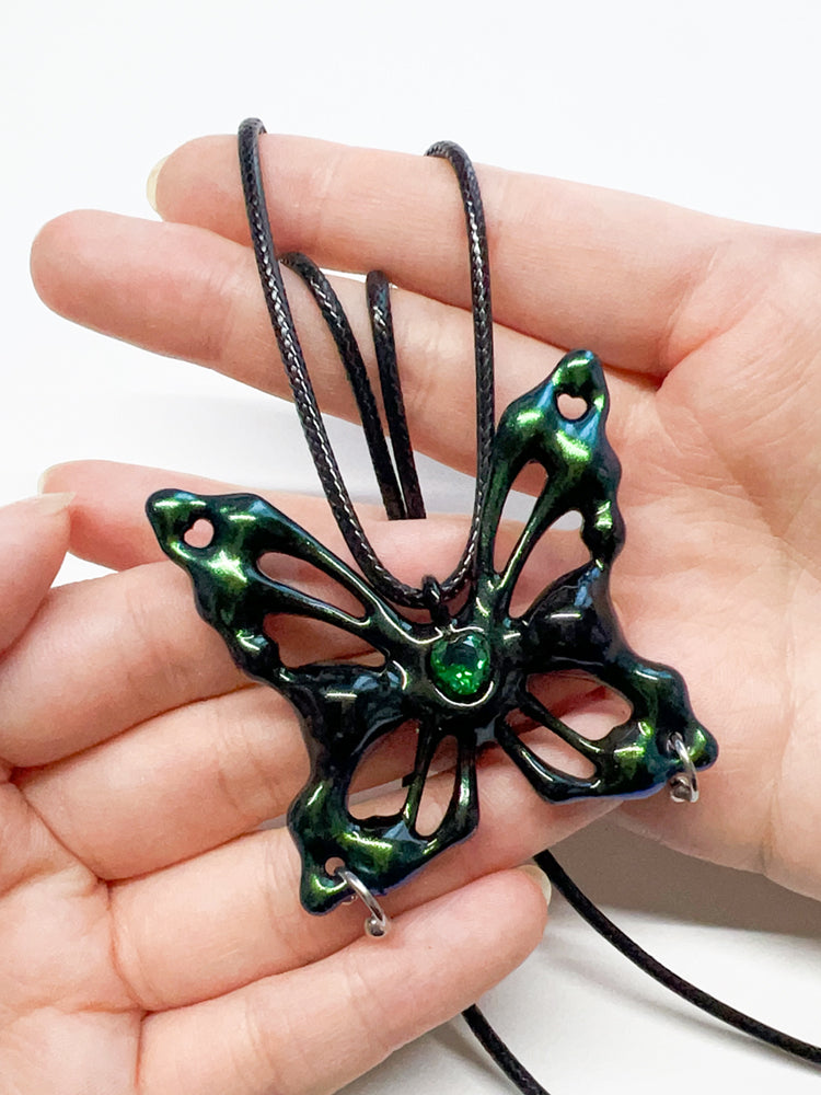 Iridescent Black-Green Butterfly Necklace