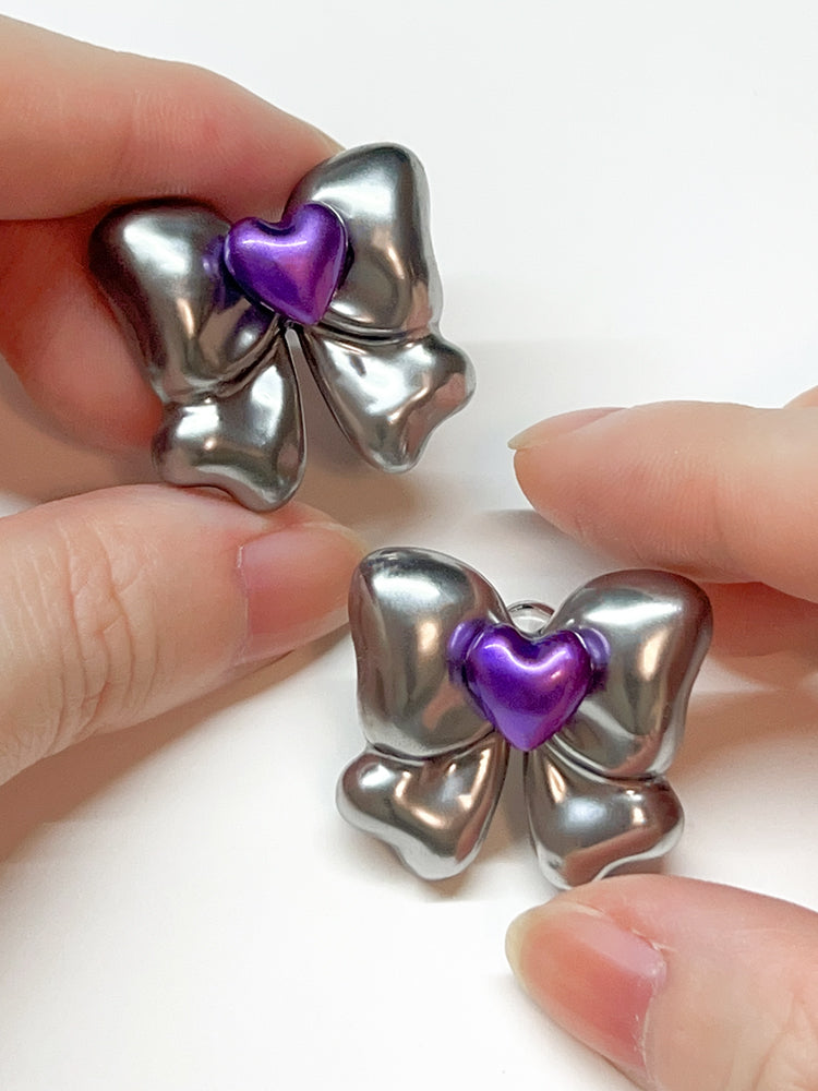 Silver Purple Heart Bow Earrings