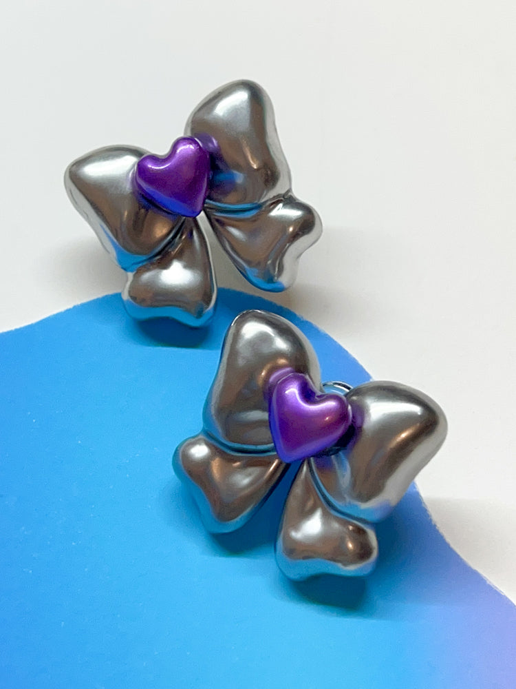 Silver Purple Heart Bow Earrings