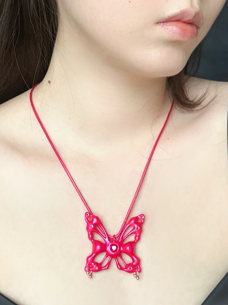 Neon Peach Hollow Butterfly Necklace