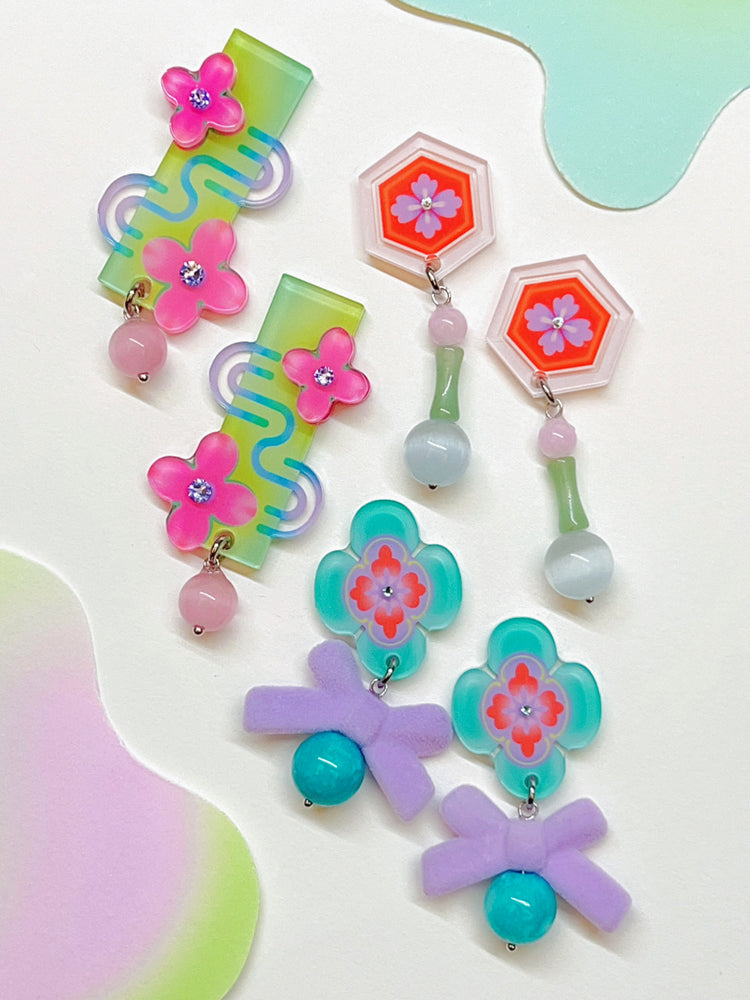 Peony Bow Earrings/Clip