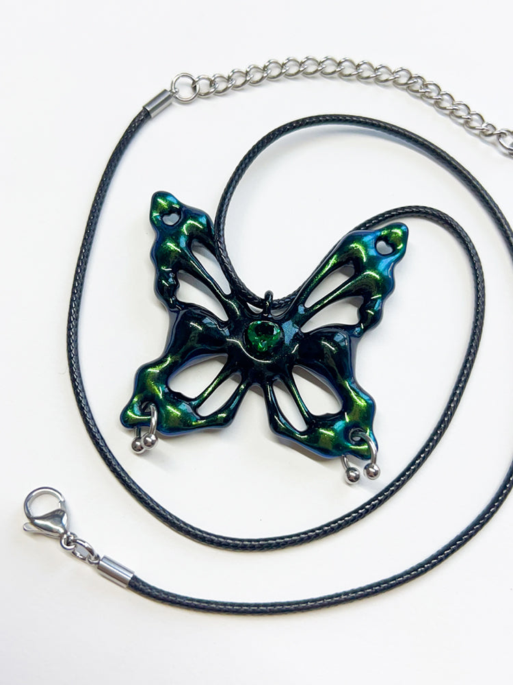 Iridescent Black-Green Butterfly Necklace